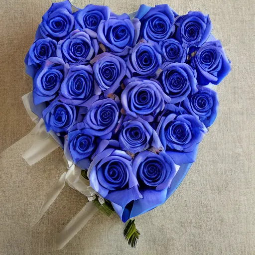 Prompt: blue roses in the shape of a heart and text saying my favourite person in the middle