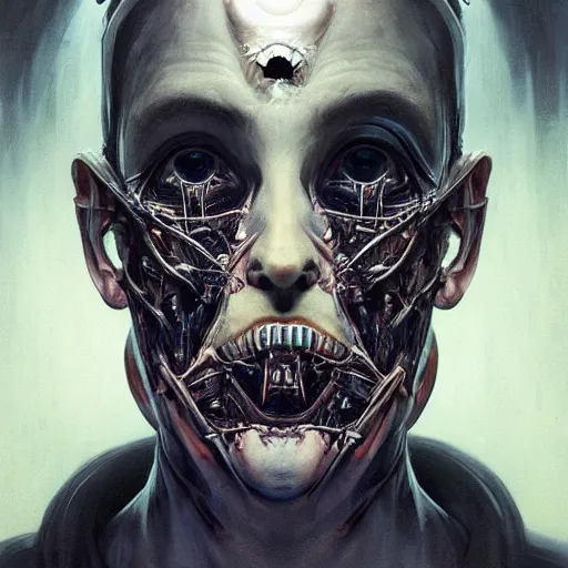 Prompt: surreal portrait by Greg Rutkowski, symmetrical face, biomechanical transhuman god, disturbing, terrifying but fascinating, with a determined and sinister expression on his face, cosmic void background, frightening, fascinating, highly detailed portrait, digital painting, book cover, artstation, concept art, smooth, sharp foccus ilustration, Artstation HQ