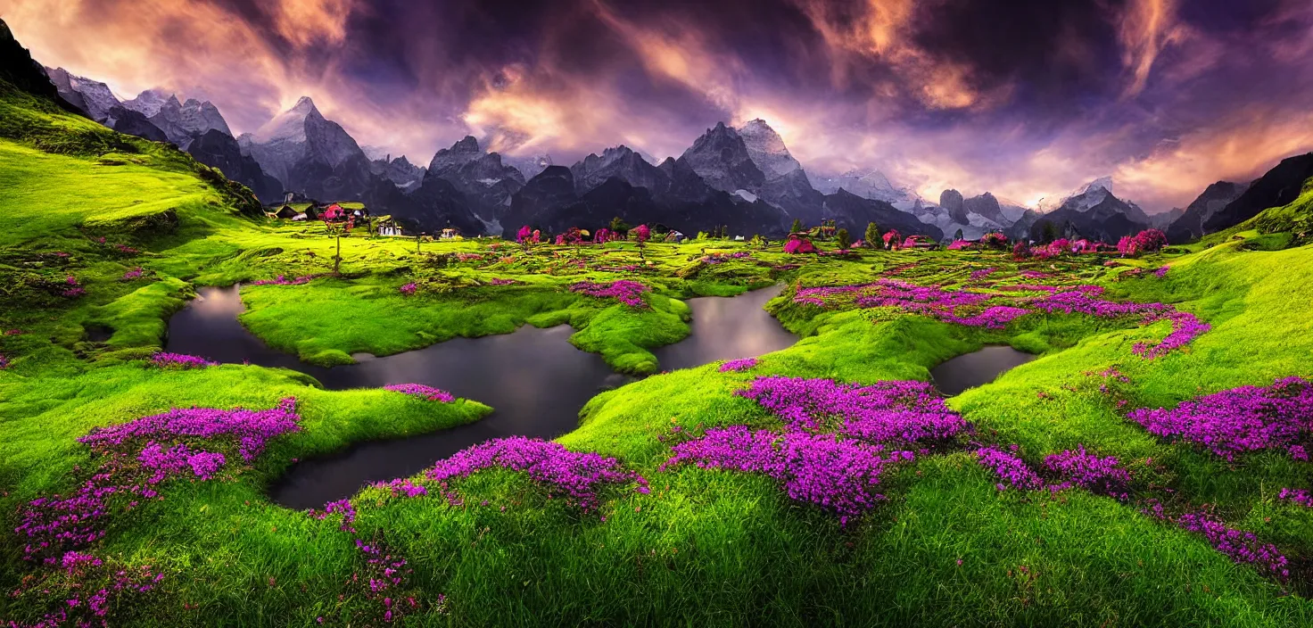 Image similar to amazing landscape photo of switzerland green spring with flowers by marc adamus, beautiful dramatic lighting