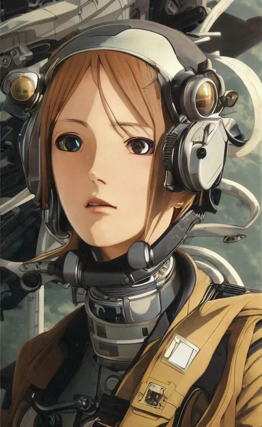 Prompt: pilot girl, cyborg aircraft parts, anime style, vintage pilot clothing, shoulder eyes, last exile anime, hair down, symmetrical facial features, from arknights, aircraft interior, hyper realistic, 4 k, rule of thirds, extreme detail, detailed drawing, trending artstation, realistic lighting, by alphonse mucha, greg rutkowski