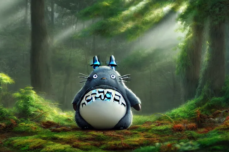 Image similar to photorealistic Totoro sitting in a forest, fantasy, CGI, animated movie, high detail, god rays, Trending on artstation, artstationHD, artstationHQ