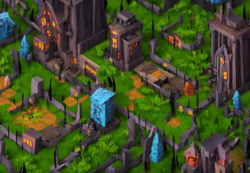 Prompt: evil forest halloween themed isometric game level, with trees, toon shader, arnold maya render, artstation by miha rinne