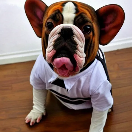 Image similar to a french bull dog dressed as eleven from stranger things