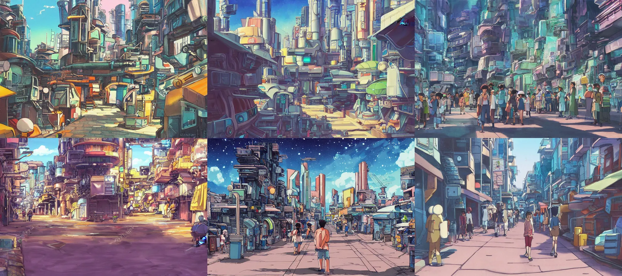 Prompt: a futuristic sci-fi city street in the poor part of the city, studio Ghibli background painting