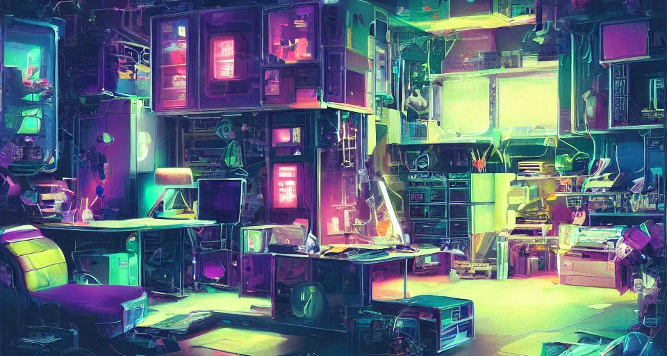 Image similar to IKEA catalogue photo of a cyberpunk bureau, by Paul Lehr