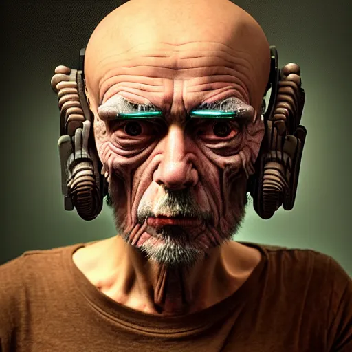 Image similar to Colour Caravaggio style Photography of 1000 years old man with highly detailed 1000 years old face wearing higly detailed cyberpunk VR Headset designed by Josan Gonzalez Many details. . In style of Josan Gonzalez and Mike Winkelmann andgreg rutkowski and alphonse muchaand Caspar David Friedrich and Stephen Hickman and James Gurney and Hiromasa Ogura. Rendered in Blender