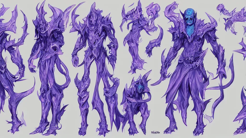 Image similar to a fantasy Bright blue ghost demon character design sheet, trending on artstation