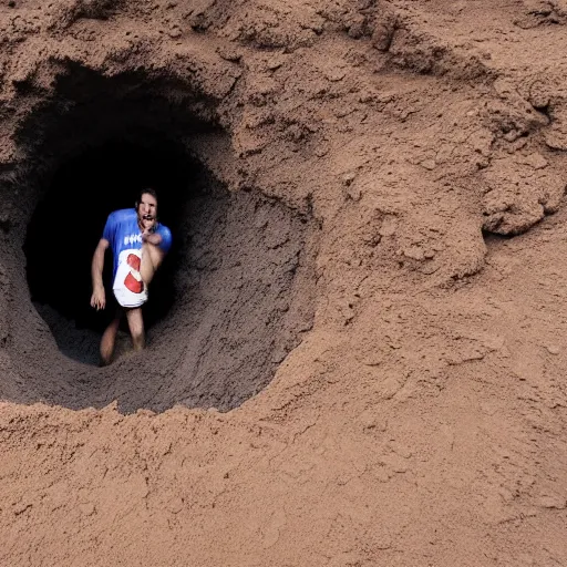Prompt: photograph of clay travis tripping into a giant hole in the ground