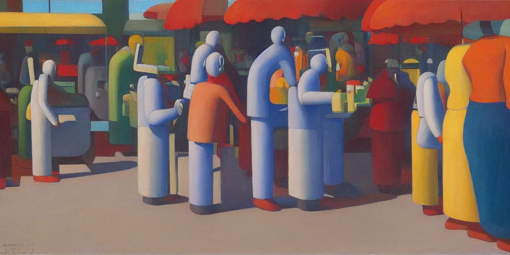 Image similar to robots queue up for ice cream, grant wood, pj crook, edward hopper, oil on canvas