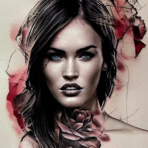 Image similar to tattoo design sketch with double exposure effect, megan fox face blended with beautiful mountain scenery, in the style of matteo pasqualin, amazing detail, mash up