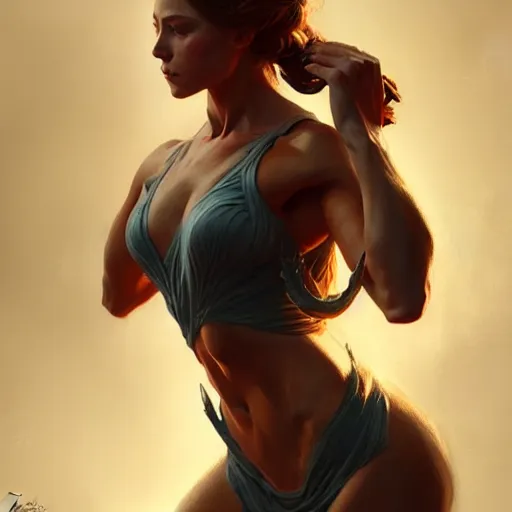 Image similar to actress, muscular upper body, D&D, fantasy, intricate, elegant, highly detailed, oil painting, artstation, concept art, smooth, sharp focus, illustration, art by artgerm and greg rutkowski and Francis Bacon
