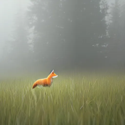 Prompt: beautiful image of low poly fox on a meadow in the fog, tranding on artstation