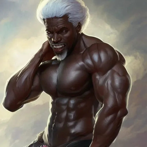 Prompt: wow! fanart, beautiful muscular black man with white hair and a protruding jaw, with visible pectoral muscles, d & d, high fantasy, detailed, digital art, artstation, smooth, sharp focus, art by artgerm, greg rutkowski, alphonse mucha