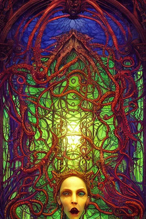 Prompt: lovecraftian temple to cthulhu made out of stained glass, horror, lovecraftian, unreal engine 5, art nouveau, bright colors, strong colours, deep shadows, intricate, symmetrical, highly detailed, elegant, sun shining through, sharp focus, art by tom bagshaw, and quentin mabille, artstation