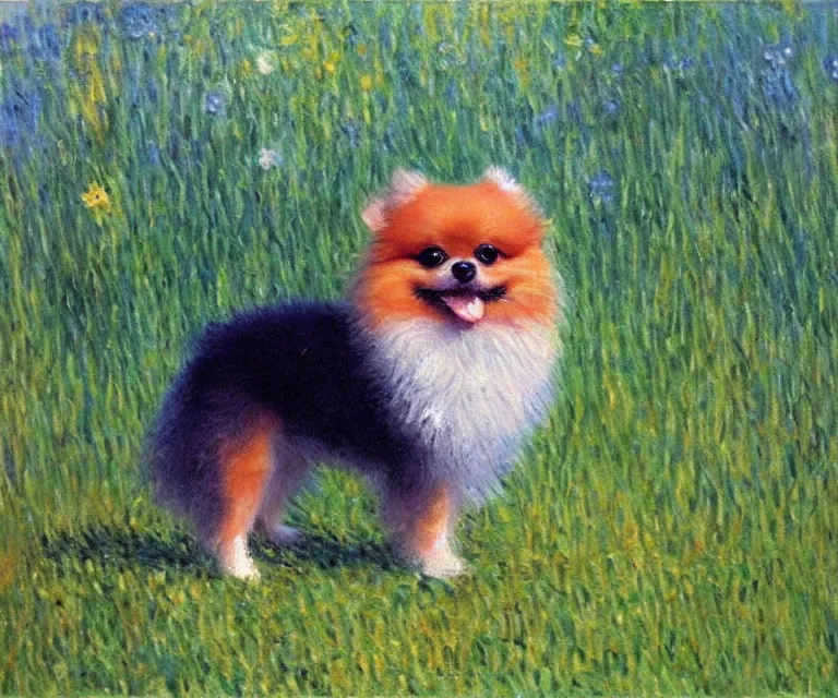 Image similar to pomeranian, cute, monet, oil painting