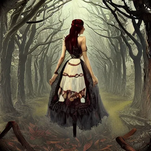 Image similar to realistic artnouveau style american mcgee's alice mysterious portrait madness returns layers of fear style in a foggy twisted forestsharp focus very detailed 8 k cinematic