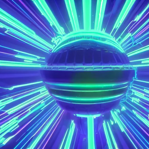 Prompt: high above the atmosphere an vast mothership reminiscent of a golf-ball with antennae and many little docking ports, charges up it's neon electric blue weapon that will recycle earth on Tuesday, people on the ground eat donuts in quaint cafes, 8K, 4K, Octane, UE5