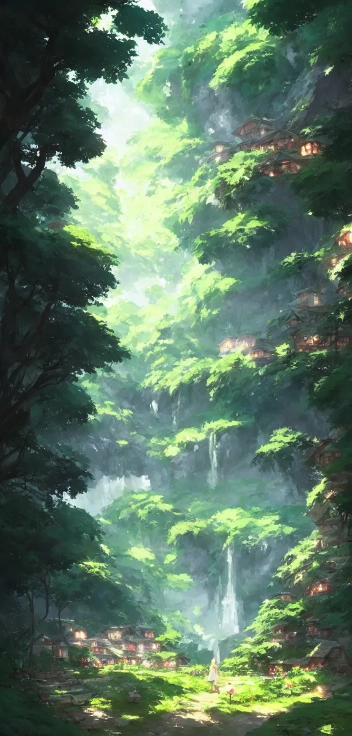 Image similar to village in the woods with a flower garden near a waterfall, gapmoe kuudere moody lighting stunning bokeh highlights sharp contrast | trending pixiv fanbox | by greg rutkowski makoto shinkai takashi takeuchi studio ghibli