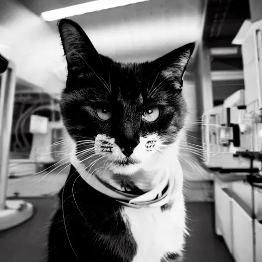 Image similar to scientist cat working at the chernobyl nuclear power plant, cat in lab - coat, black & white photo