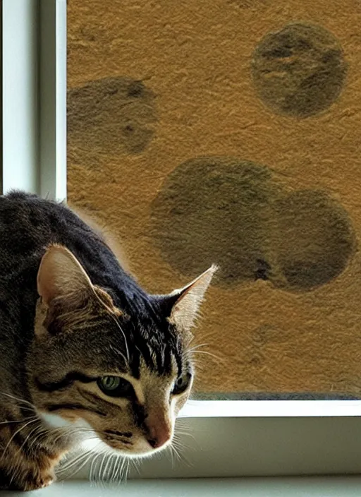 Image similar to cat watching a martian landscape from inside a window, photorealism