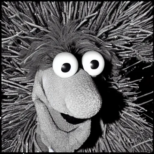Image similar to trail cam footage of Grover the Muppet, Grover on video from a trail camera, sesame street grover, black and white