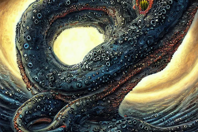 Image similar to a giant lovecraftian tentacle creature gripping a black hole, digital art, photorealistic, vivid colors, highly detailed, intricate