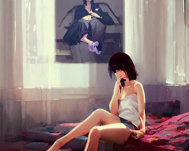 Image similar to A ultradetailed beautiful portrait panting of a stylish woman sitting on the ground of a messy apartment, Oil painting, by Ilya Kuvshinov, Greg Rutkowski and Makoto Shinkai