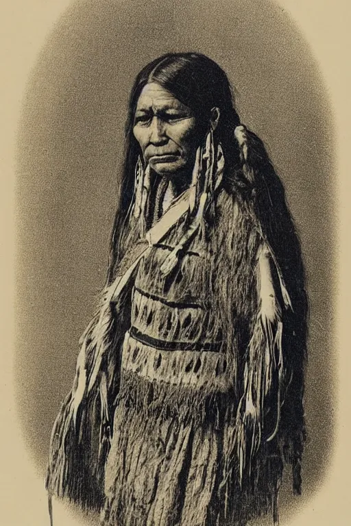 Image similar to “19th century wood engraving of a Native American indian woman, portrait, Nanye-hi Beloved Woman of the Cherokee, wearing a papoose showing pain and sadness on her face, ancient”