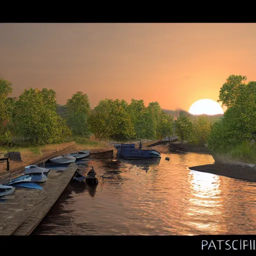 Image similar to realistic photo of village by the river, sunset, detailed, trending on artstation