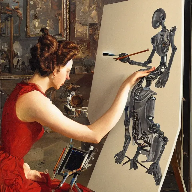 Image similar to robot artist painting a self - portrait on a canvas. intricate, highly detailed, digital matte painting, in the style of alexandros pyromallis, and in the style of boris groh, and in the style of hans thoma, and in the style of gil elvgren. irony, recursion, inspiration.