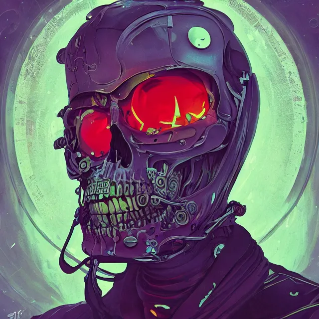 Image similar to a beautiful portrait painting of a ( ( cyberpunk ) ) skull by simon stalenhag and pascal blanche! and alphonse mucha! and nekro!. in style of digital art. colorful comic, film noirs!, symmetry, hyper detailed. octane render. trending on artstation