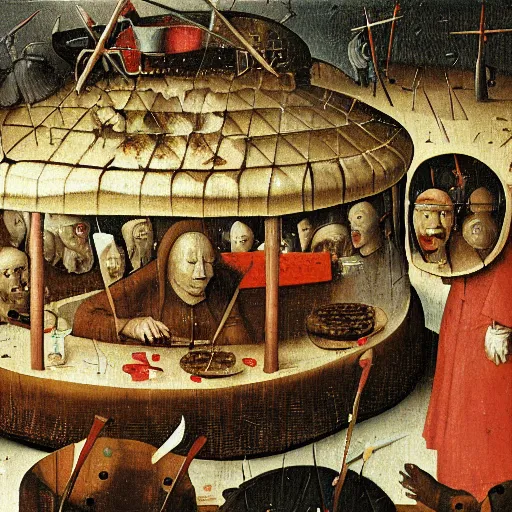 Image similar to inside a waffle makers house, angry, painting by hieronymus bosch,