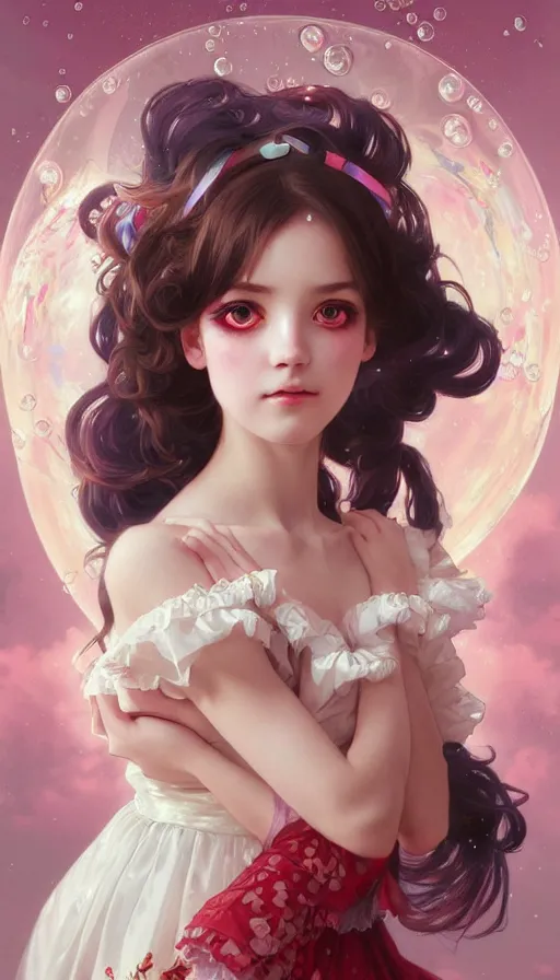 Image similar to portrait of magical lolita girl, dreamy and ethereal, RED eyes, peaceful expression, ornate frilly dress, fantasy, intricate, elegant, rainbow bubbles, highly detailed, digital painting, artstation, concept art, smooth, sharp focus, illustration, art by artgerm and greg rutkowski and alphonse mucha