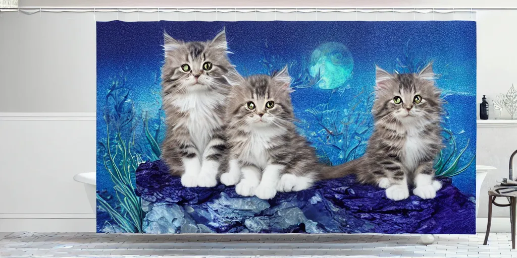 Image similar to a main coon kitten little mermaid themed shower curtain, product photography. digital art. 4 k, highly detailed.