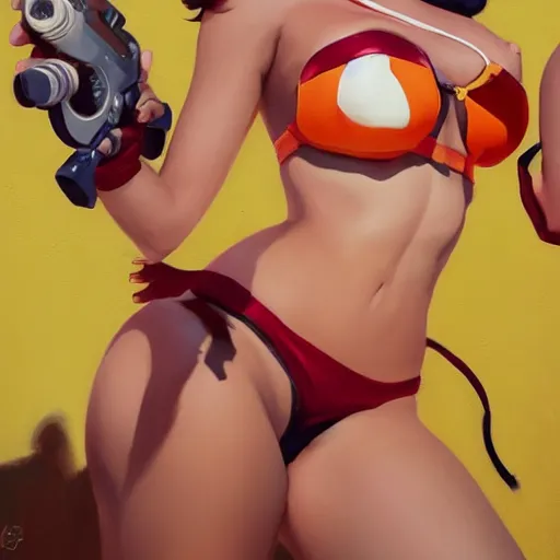 Image similar to pinup overwatch tracer in a red bikini thong, artwork by greg manchess, medium shot, asymmetrical, organic painting, sunny day, matte painting, bold shapes, hard edges, street art, trending on artstation, by huang guangjian and gil elvgren and sachin teng