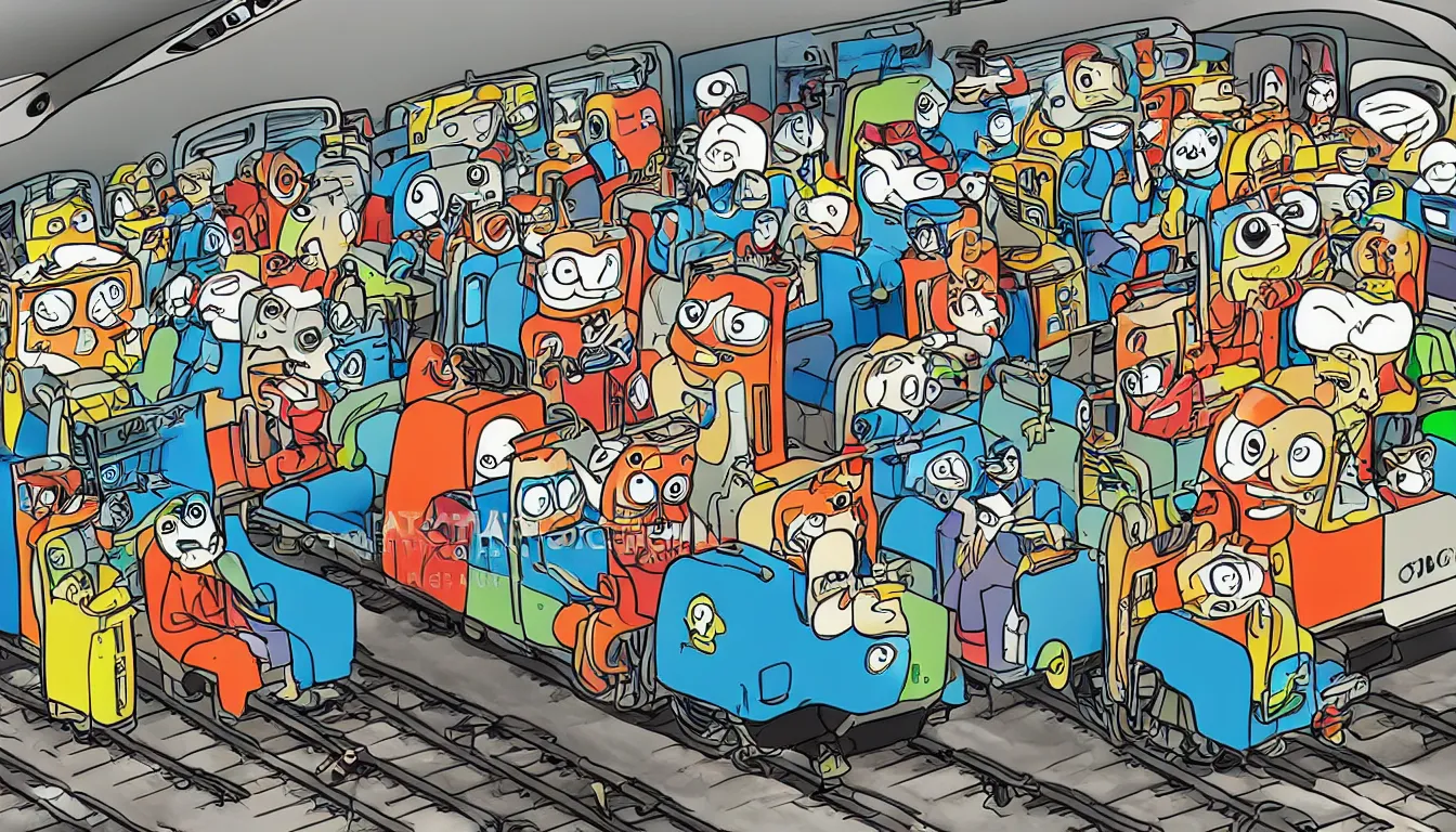 Prompt: Anthropomorphic electric multiple unit train, cartoon style