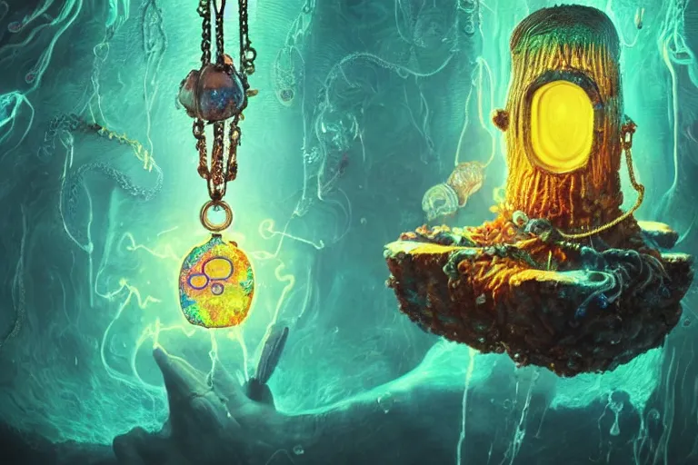 Image similar to psychedelic spongebob with trinket necklace, epic angle and pose, reflective pool, symmetrical artwork, ayahuasca, translucent, fungus, energy flows of water and fire, highly detailed, epic cinematic concept art, excellent composition, dystopian brutalist atmosphere, dynamic dramatic lighting, aesthetic, very inspirational, arthouse, Greg Rutkowski, Artgerm