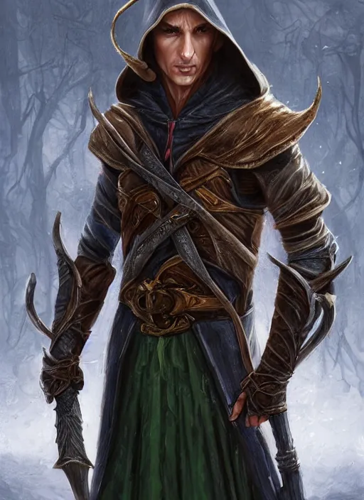 Prompt: a serious hooded half elf middle aged male rogue, strong, full body, 8 k, hyperrealistic, lowlife, ruffian, hyperdetailed, fantasy portrait by laura sava