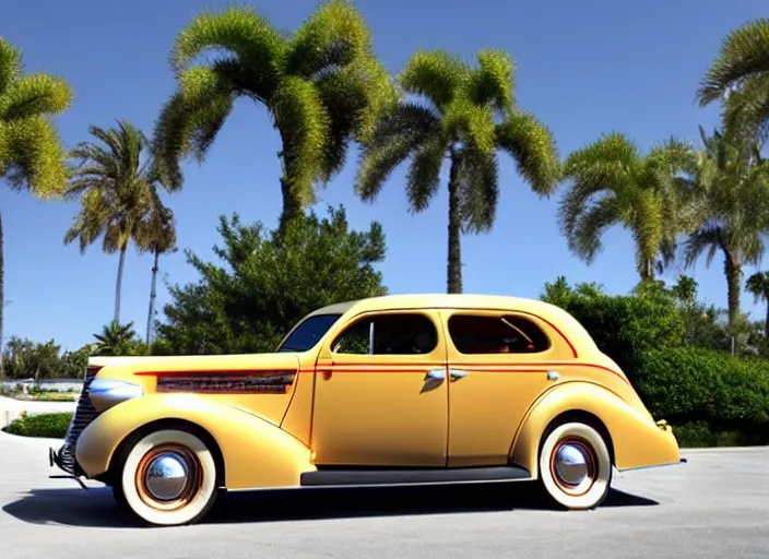 Prompt: 1 9 3 7 pontiac sedan, two tone, tan, palm trees in the background