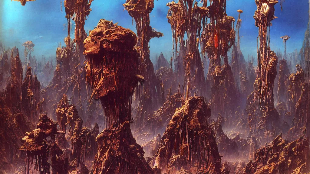 Image similar to surreal eerie alien planet empire with strange biomechanical plants by frank frazetta and bruce pennington, cinematic matte painting