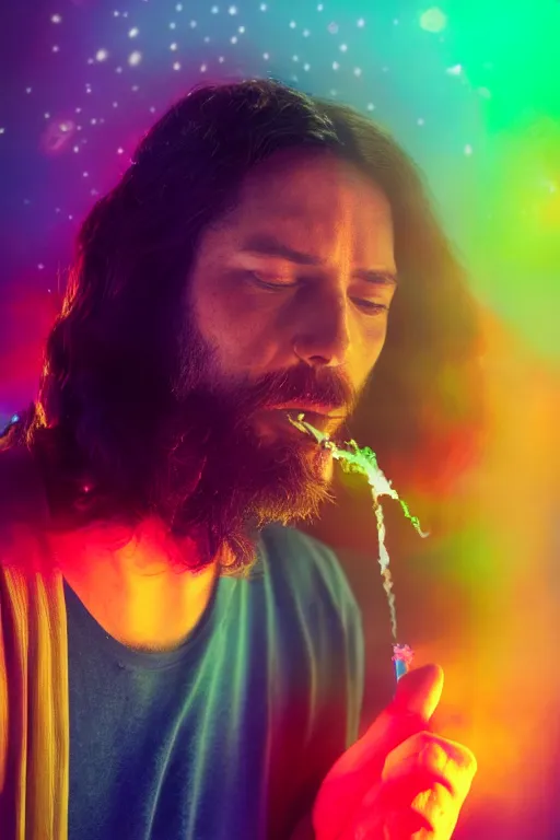 Image similar to studio photo of jesus smoking weed, colorful lighting, bokeh, 3 5 mm, dramatic ligting,