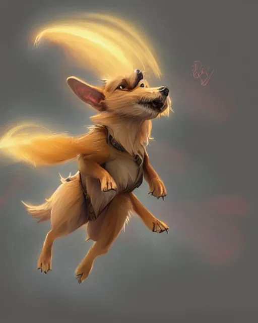 Image similar to a cute magical flying dog, fantasy art drawn by disney concept artists, golden colour, high quality, highly detailed, elegant, sharp focus, concept art, character concepts, digital painting, mystery, adventure