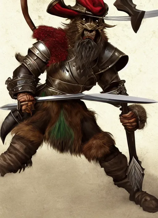 Image similar to photorealistic bugbear ranger holding sword on fire, magic, black beard, dungeons and dragons, pathfinder, roleplaying game art, hunters gear, jeweled ornate leather and steel armour, concept art, character design on white background, by sargent, norman rockwell, makoto shinkai, kim jung giu, artstation trending, poster art, colours red