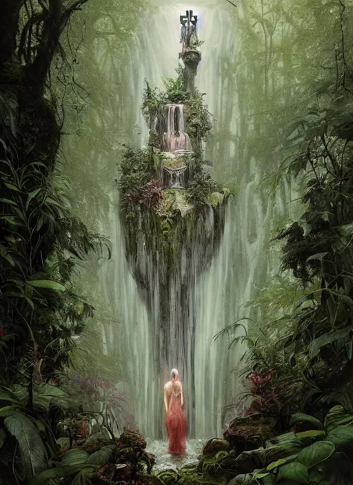 Image similar to a hyper realistic architectural witch shrine under a waterfall in the woods, gorgeous lighting, lush forest foliage, painting by chiara bautista and tom bagshaw, muca beksinski and norman rockwell and greg rutkowski weta studio, and lucasfilm