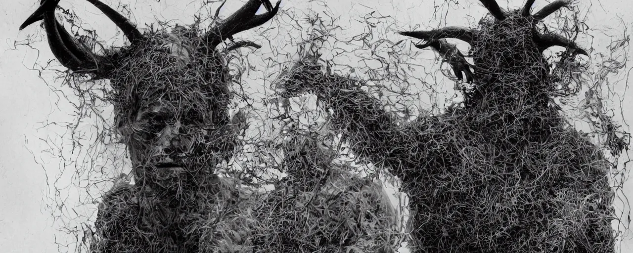 Image similar to mysterious scene of tyrolean farmer transforming into hay man with horns, roots and edelweiss growing out of the body 35mm double-exposure photo, palm body, deep shadows, german expressionism, noir, slightly colorful, photorealistic, detailed smoke, natural bones and skin, natural textures, depth of field, ambient occlusion, motion blur, HD, masterpiece, volumetric, chromatic aberration by Richard Avedon, style of Ade Santora, perfect composition, masterpiece, intricate detailed