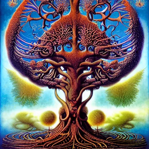 Image similar to sacred mulberry tree by roger dean and andrew ferez, art forms of nature by ernst haeckel, divine chaos engine, tree of life, symbolist, visionary, art nouveau, botanical fractal structures, lightning, surreality, lichtenberg figure