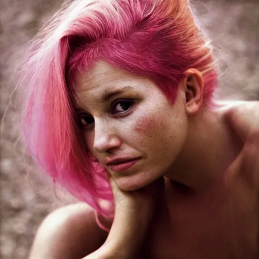 Image similar to a beautiful woman with pink hair and fair skin, portrait photograph, nikon 3 5 mm, photograph by annie leibovitz and steve mccurry,