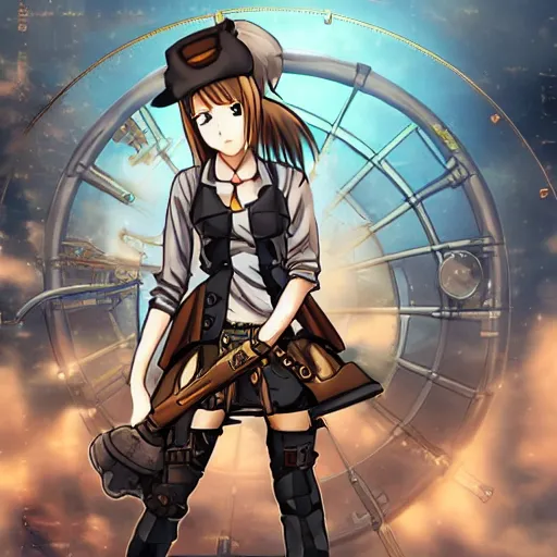 Prompt: an engineer with steampunk tools and clothing who is building a steampunk plane prototype, steampunk tools, anime girl, anime, extremely detailed, sparks, intense, mostly warm colors, warehouse background,