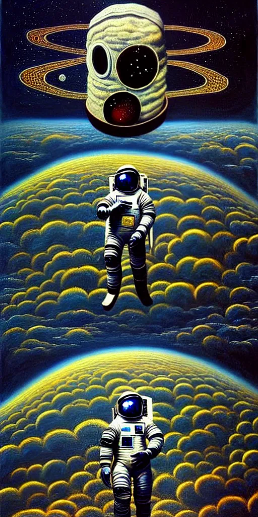 Prompt: a high detailed painting with many textures and of a headless astronaut with a quantum transcendence to the next plane, surrealism, disturbing cybergothic high image quality