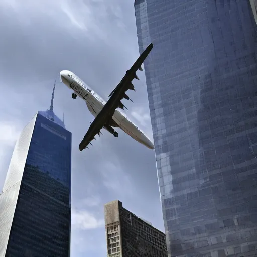 Image similar to Barney the Dinosaur flying a 777 right into one of the world trade center buildings